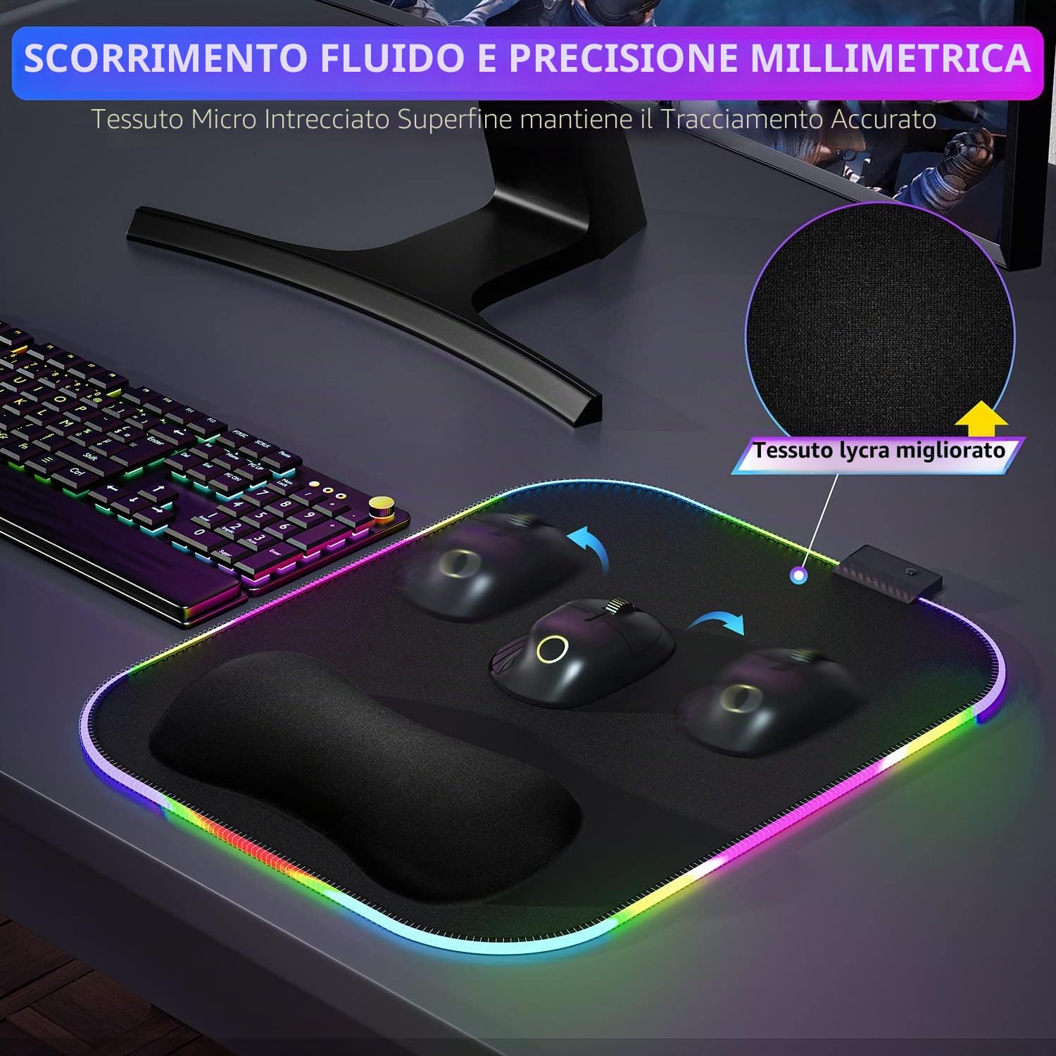 Gimars Tappetino Mouse RGB Poggiapolsi, 10 Modalità LED, 304x254mm Mouse Pad XL Ergonomico, Poggiapolsi Mouse Gaming Base in Gomma Antiscivolo, Tessuto in Lycra per Laptop, PC, Ufficio
