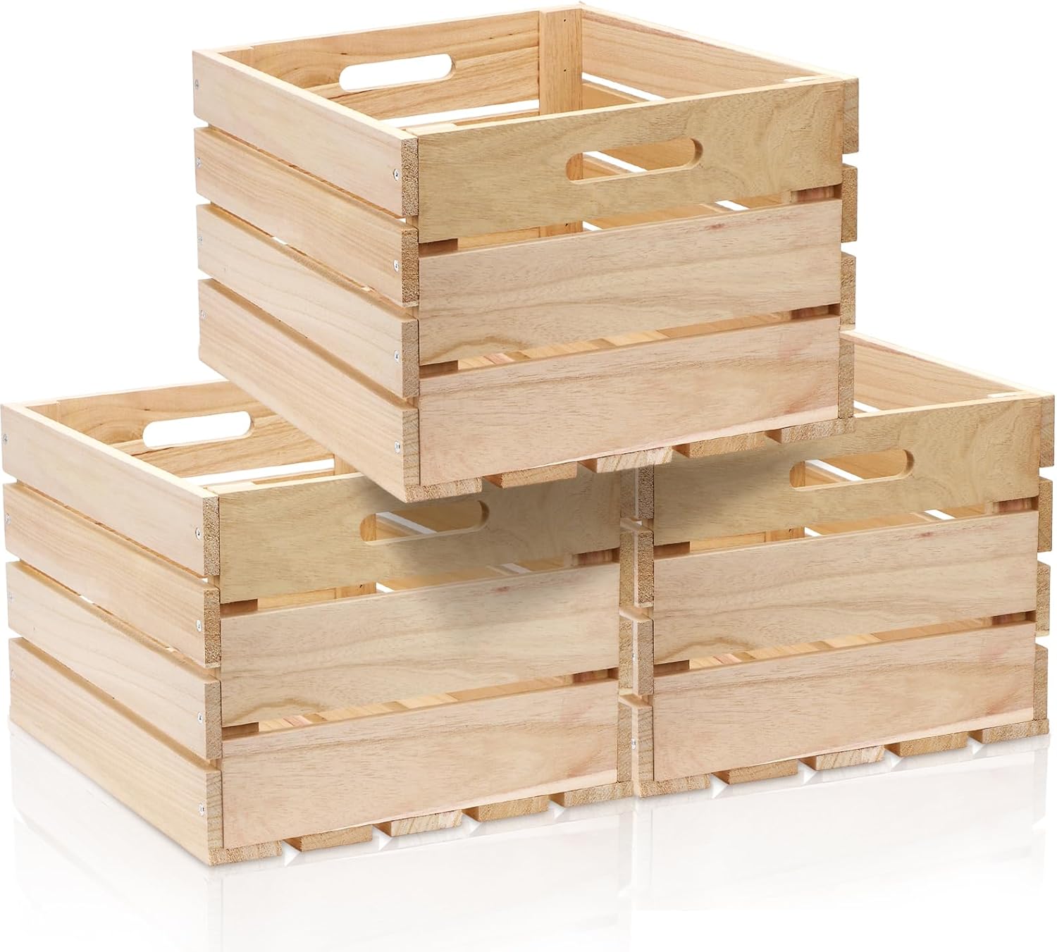 3 PCS Extra Large Wood Crates Box for Storage 16 x 12 x 9.5 Inches Unassembled Natural Wooden Crates with Handle Decorative Nesting Container for Display Rustic DIY Home Laundry (Wood Color)