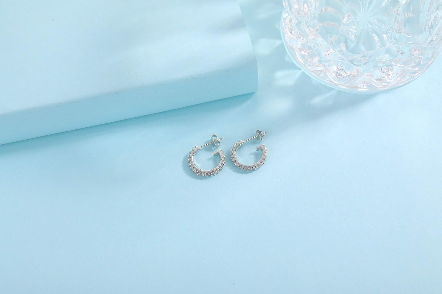 Silver Hoops Earrings for Women Small Cubic Zirconia Paved Open Huggie Hoops, 8mm - Image 5