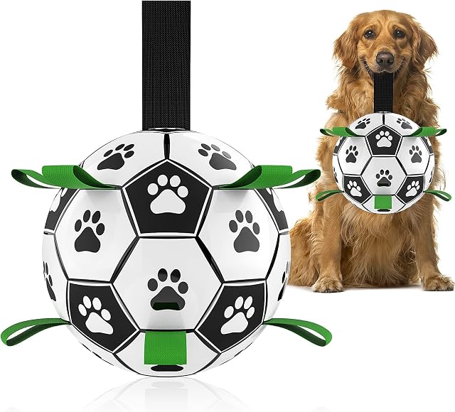 Dog Toys Soccer Ball with Grab Tabs, Interactive Dog Toys for Tug of War, Puppy Birthday Gifts, Dog Tug Toy, Dog Water Toy, Durable Dog Balls for Dog
