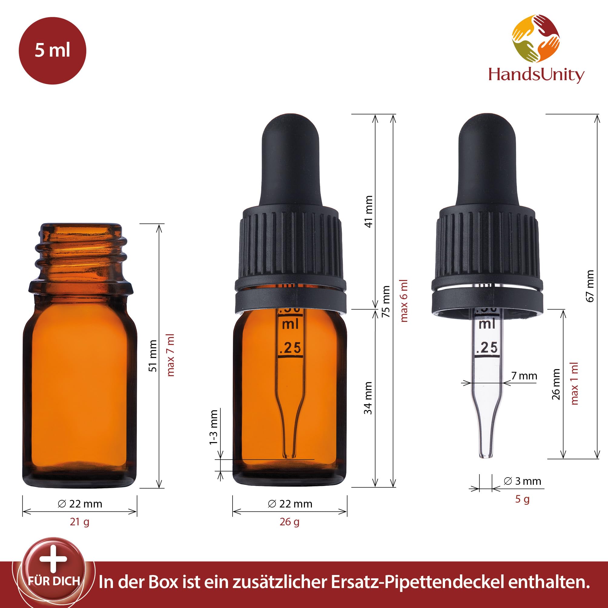HandsUnity Flacons Compte-Gouttes Verre Ambré 30ml - 110 Pièces Avec Pipettes, Seringue, Étiqettes