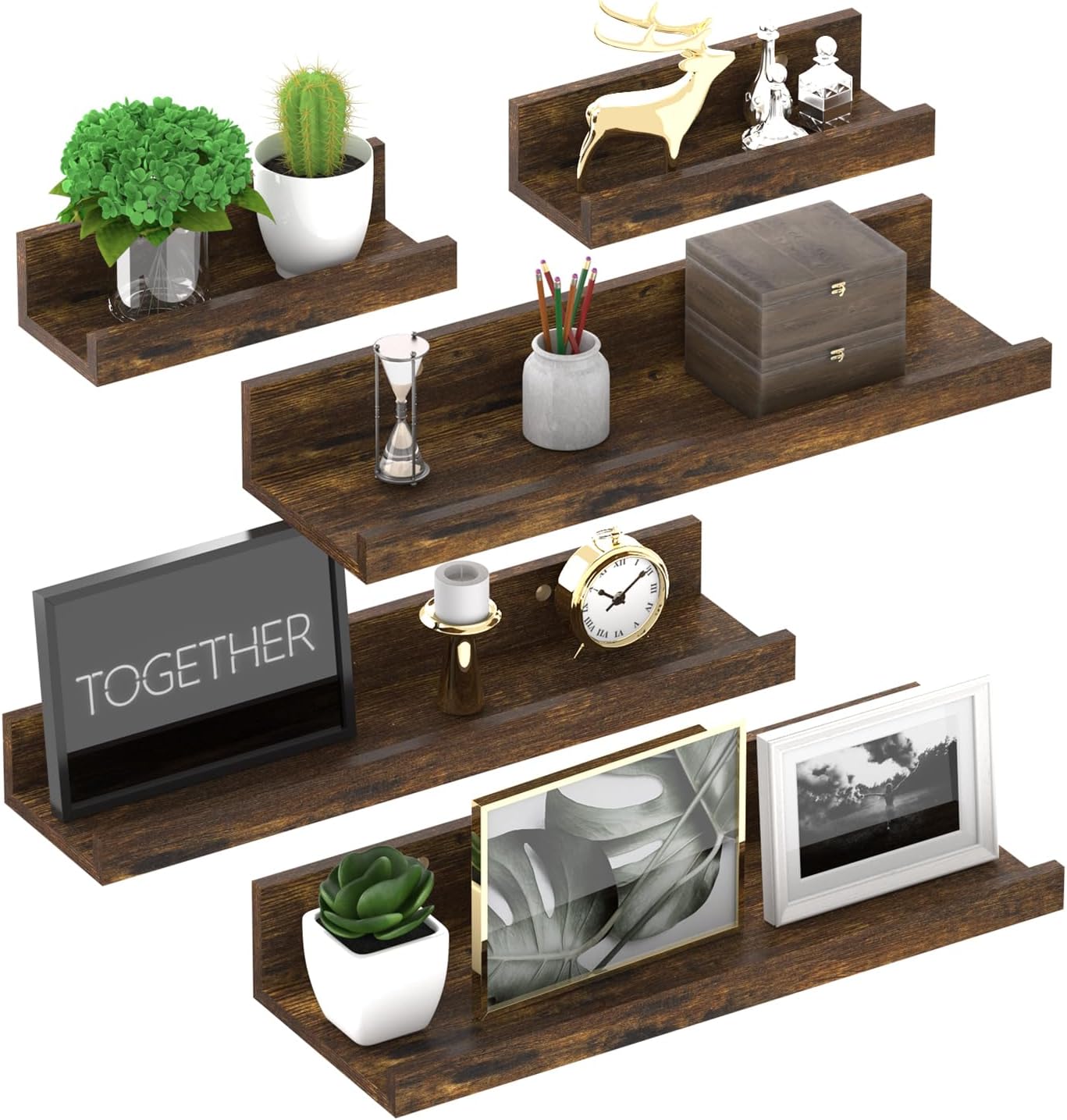 Giftgarden Wall Mounted Floating Shelves Set of 5, Rustic Wood Wall