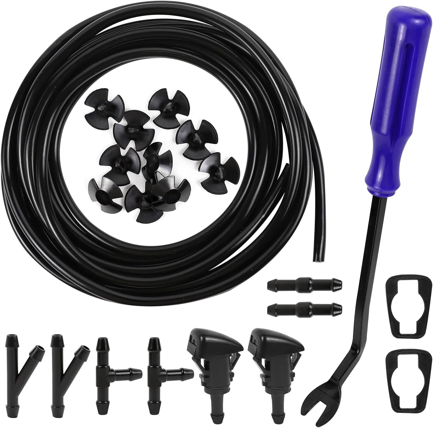Windshield Washer Nozzles Kit, Windshield Washer Nozzles Hose Kit Replacement for Patriot, Ram, Charger, 4M Windshield Fluid Hose with Sprayer Nozzles, Connectors, Removal Tool