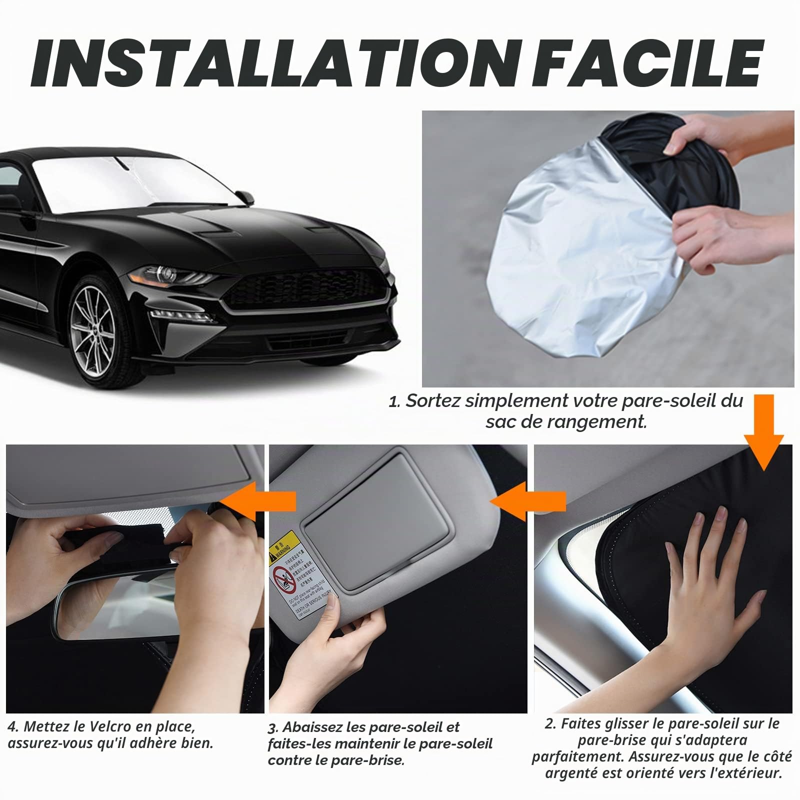D-Lumina Pare-soleil de pare-brise pour accessoires Fo-rd Mustang 2015-2022 (ne convient pas pour Fo-rd Mustang Mach-E), pare-soleil de fenêtre avant bloquant les rayons UV, matériau pliable 210T