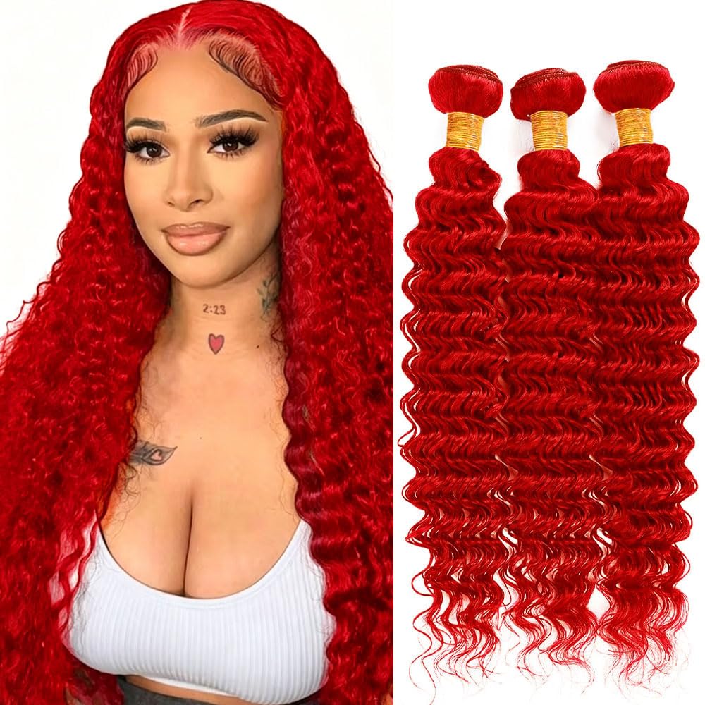 Red Bundles Human Hair Burgundy Deep Wave Bundle Unprocessed Virgin Braight Red Deep Curly Bundles Human Hair Extensions 50 Gram Per Bundle 12 14 16 Inch