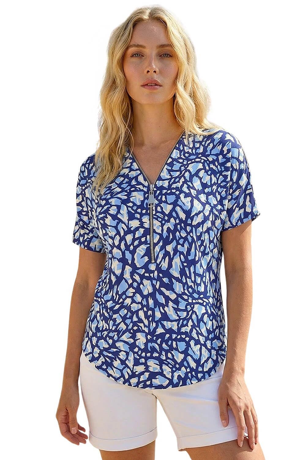 Roman Women's Navy Abstract Print Zip Front Stretch Top In | Size: 12
