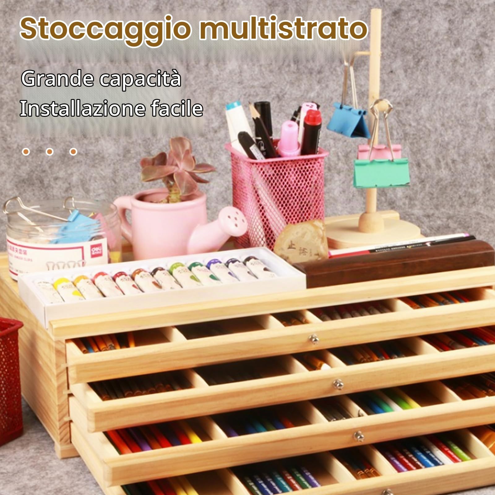 Scatola Porta Pennelli, Scatola Organizer in Legno Per Forniture Per Artisti Con 4 Cassetti Rimovibili, Scatola Portaoggetti Premium in Pino Per Matite, Penne, Pennelli e Materiale Artistico