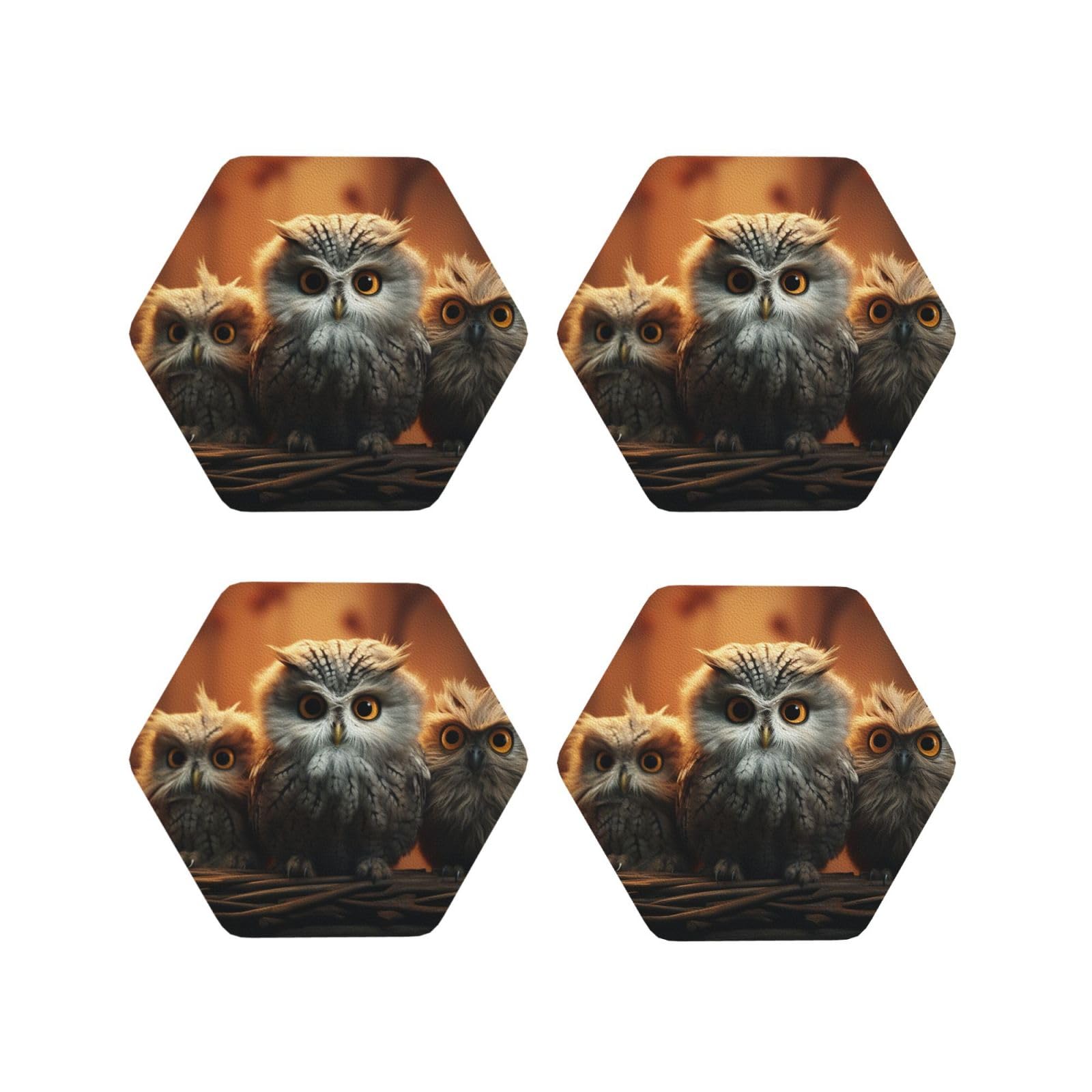 4Pcs PU Leather Coaster for Drinks, Cute Owl Baby Cup Coastersr 4" Cup Mat Pad, Aesthetic Drink Coasters for Coffee Table, Hexagon Coaster for Tabletop Protection