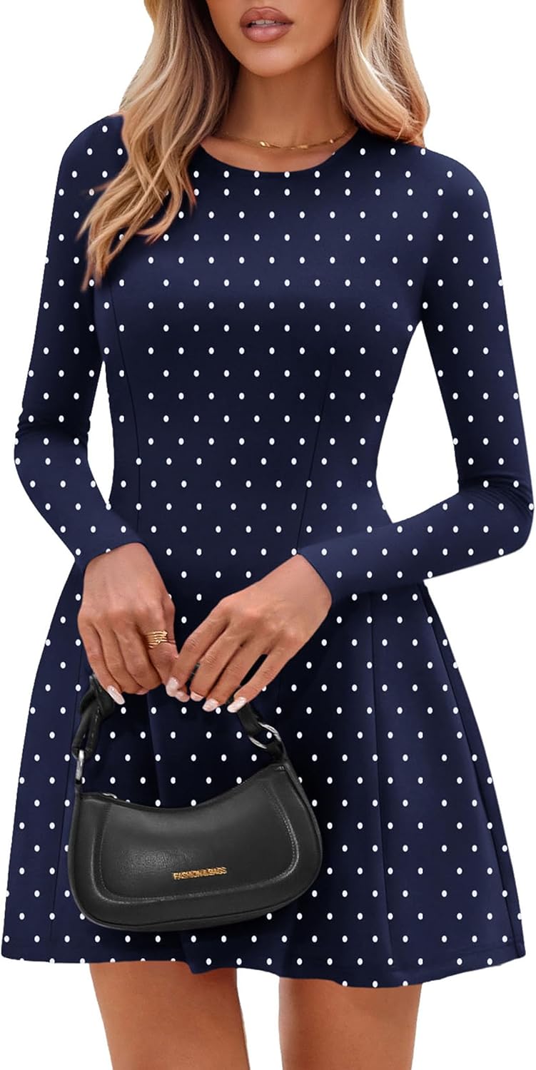 PRETTYGARDEN Long Sleeve Mini Dress for Women 2026 Spring Crewneck Knit Pleated Babydoll A Line Casual Short Party Dresses - Image 2