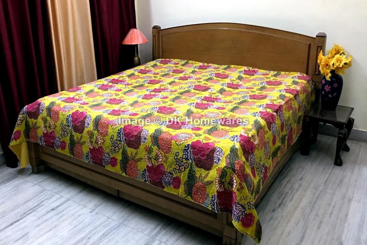 Indian Bohemian Lemon Yellow Queen Size Kanta Quilt Cristmas Gift Cotton Kantha Work Tropical Fruit Printed Hand Stitched (108 x 90) -Set of 1 Coverlet Bedspread