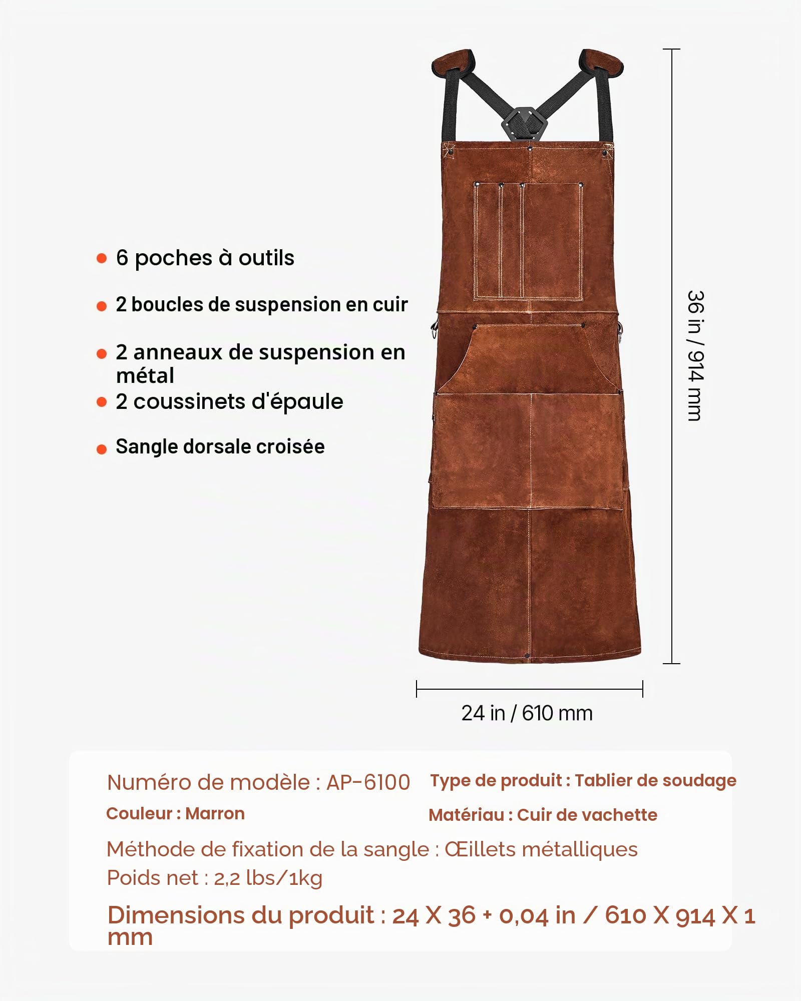 VEVOR Tablier de Soudage en Cuir de Vachette, Tablier de Soudeur Résistant aux Flammes, à la Chaleur, avec 6 Poches, Protection Étincelles pour Hommes, Femmes, de Travail du Bois, Jardinage, Barbecue