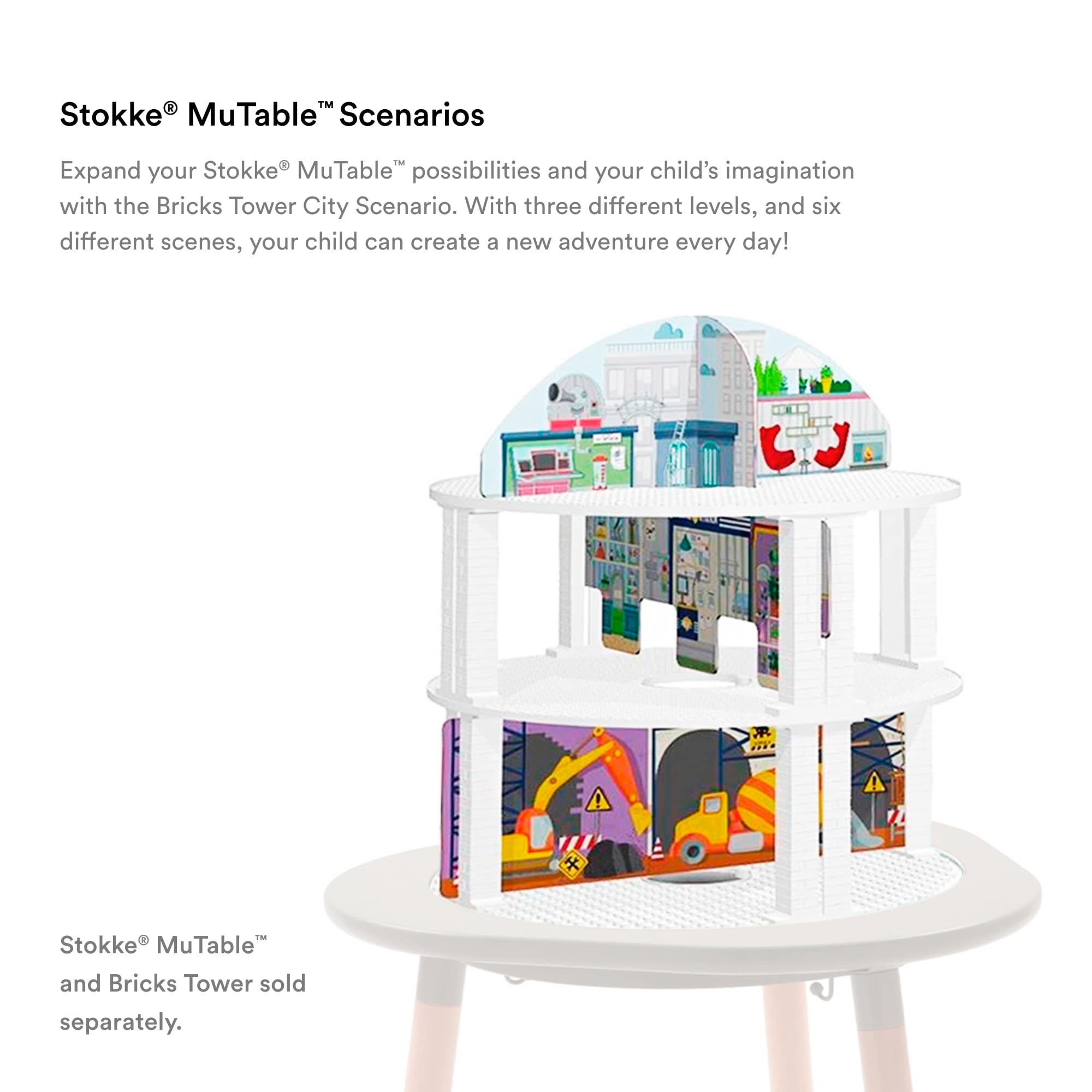 Stokke MuTable Bricks Tower Scenario, City - Three Levels & Six City Scenes Including Shops, Police Station, Subway & Helicopter Landing Area - Tool-Free Assembly