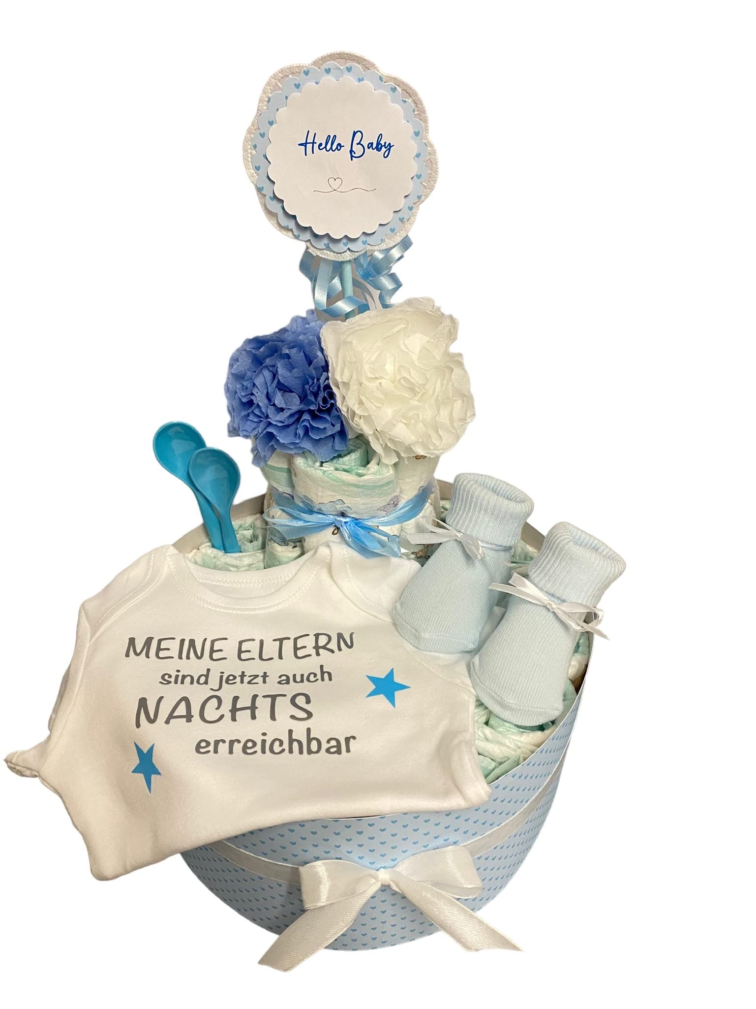 Sinchns Bastelzauber Windeltorte mit Babybody Blau Personalisiert Handmade - 30 Windeln Größe 3, Body 62-68, Söckchen, Breilöffel - Geschenk zur Geburt und Taufe
