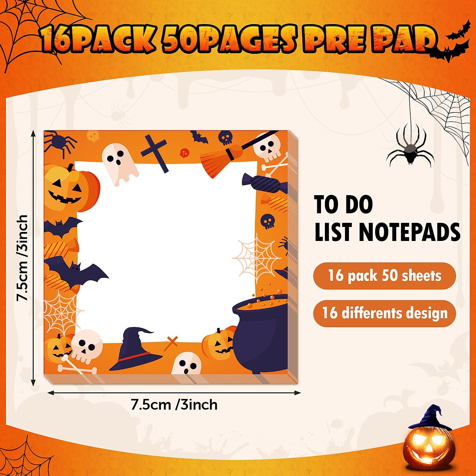 16 Stück Halloween Haftnotizen Selbstklebend Halloween Post It Notes mit Spinne Kürbis Fledermaus Augapfel Halloween Memo Notes für Halloween Schule Büro Zuhause Studenten Lehrer Geschenke je 30 Blatt