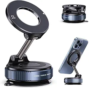 Vacuum Magnetic Suction Phone Holder, Foldable and Retractable Hands-Free Suction Cup Phone Mount for Car/Gym/Mirror/Smooth Surface, Compatible with iPhone Android and All Smartphones (Black)