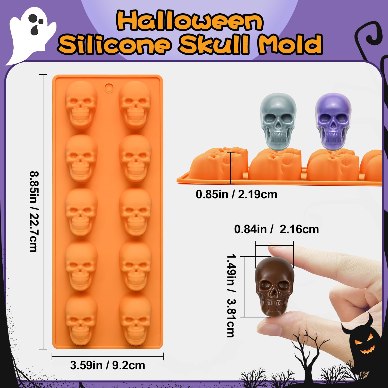 2 stampi in silicone a 10 cavità a forma di teschio, per cioccolatini, caramelle, gelatine, cubetti di ghiaccio, colata in resina, cupcake, decorazioni fai da te di Halloween