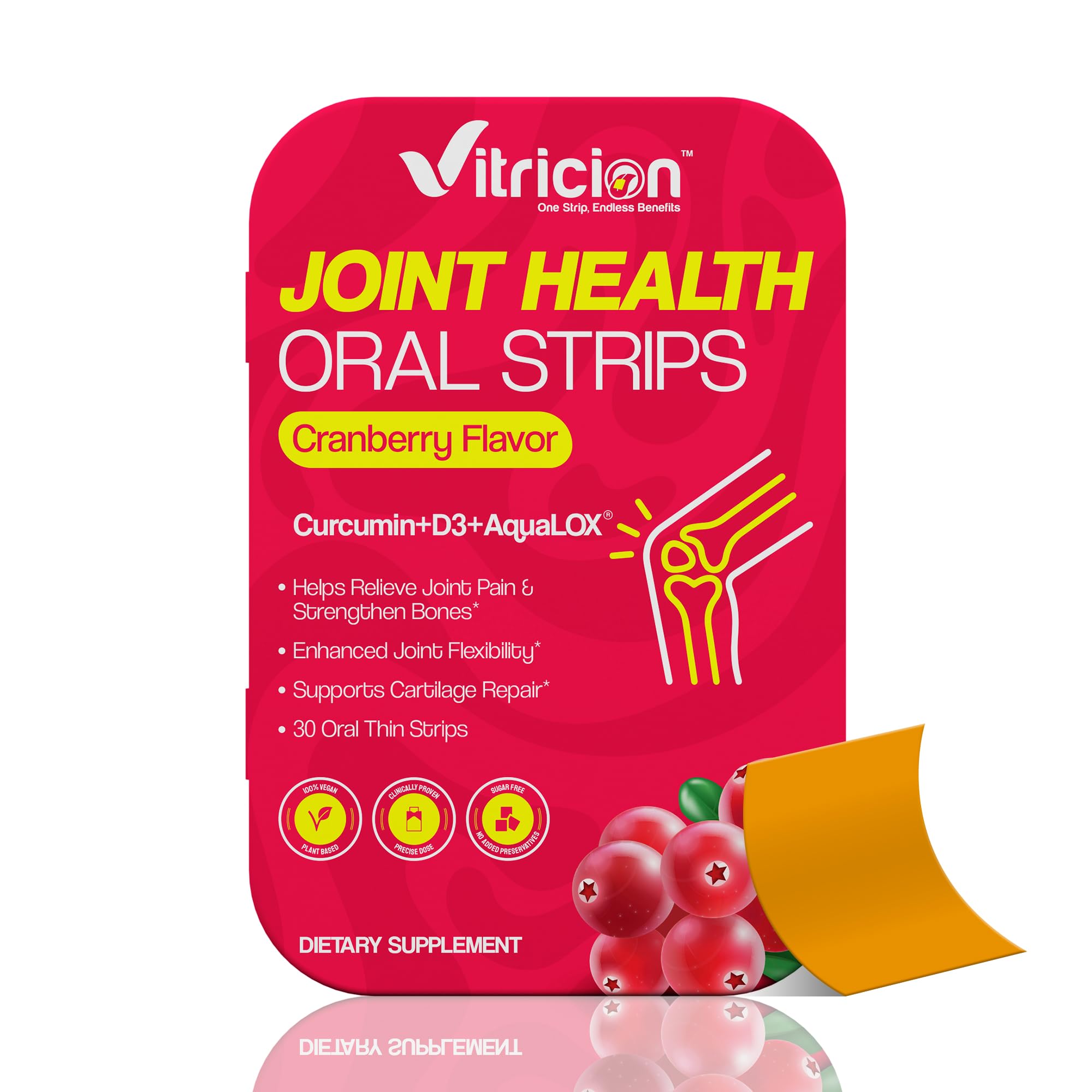 Vitricion Joint Support Oral Strips 30 Fast Dissolving Oral Thin Strips Vegan, Non-GMO Strips with Curcumin, Vitamin D3 & AquaLOX | Supports Joint Health, Mobility & Flexibility | Plant-Based Cranberry Flavour