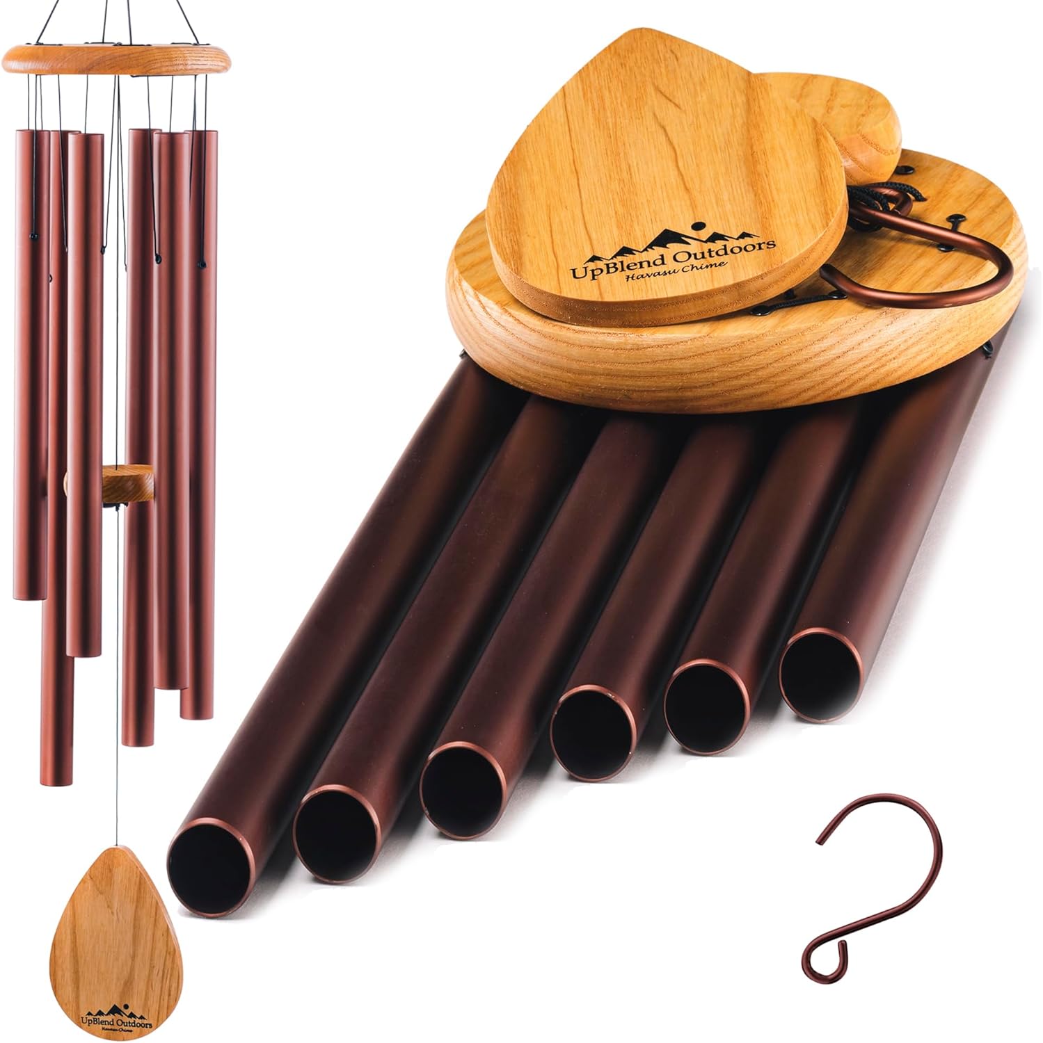 UpBlend XL Wind Chimes for Outside Gift – Deep Tone Wind Chime with Decorative Stone – Porch & Patio Decor, Elegant Outdoor Ornament, Garden Gifts. 38” Brown.