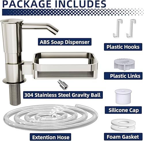 Miniatura 5 de Dispensador de jabón para fregadero de cocina con estante de esponjas, dispensador de jabón de plástico ABS en mostrador con kit de tubo de