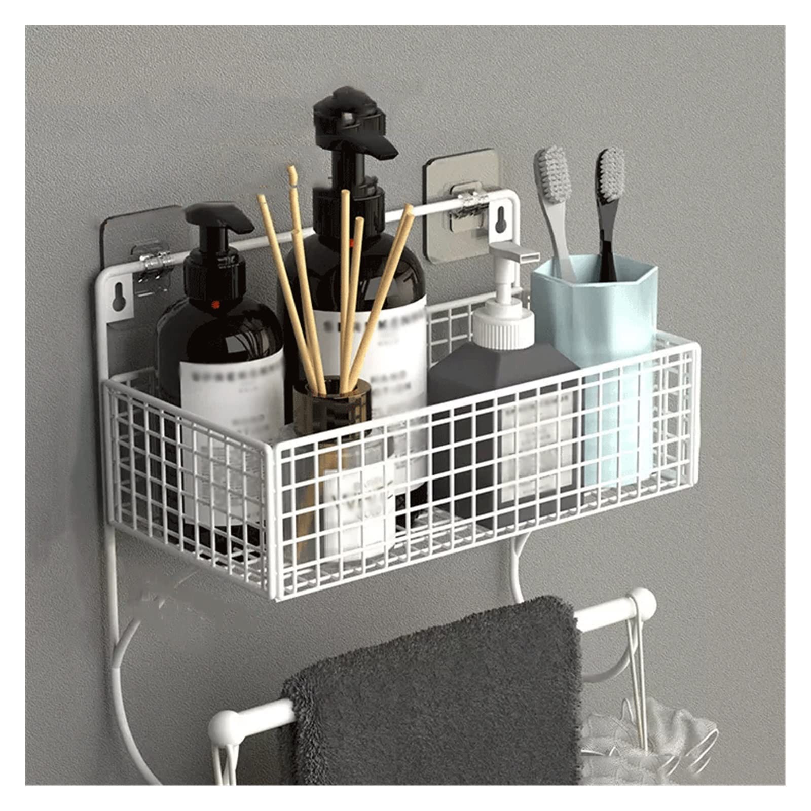 estante para ducha Estante de baño Estante de almacenamiento de inodoro Metal con toalla Montado en la pared Sin perforación Multicolor(White)