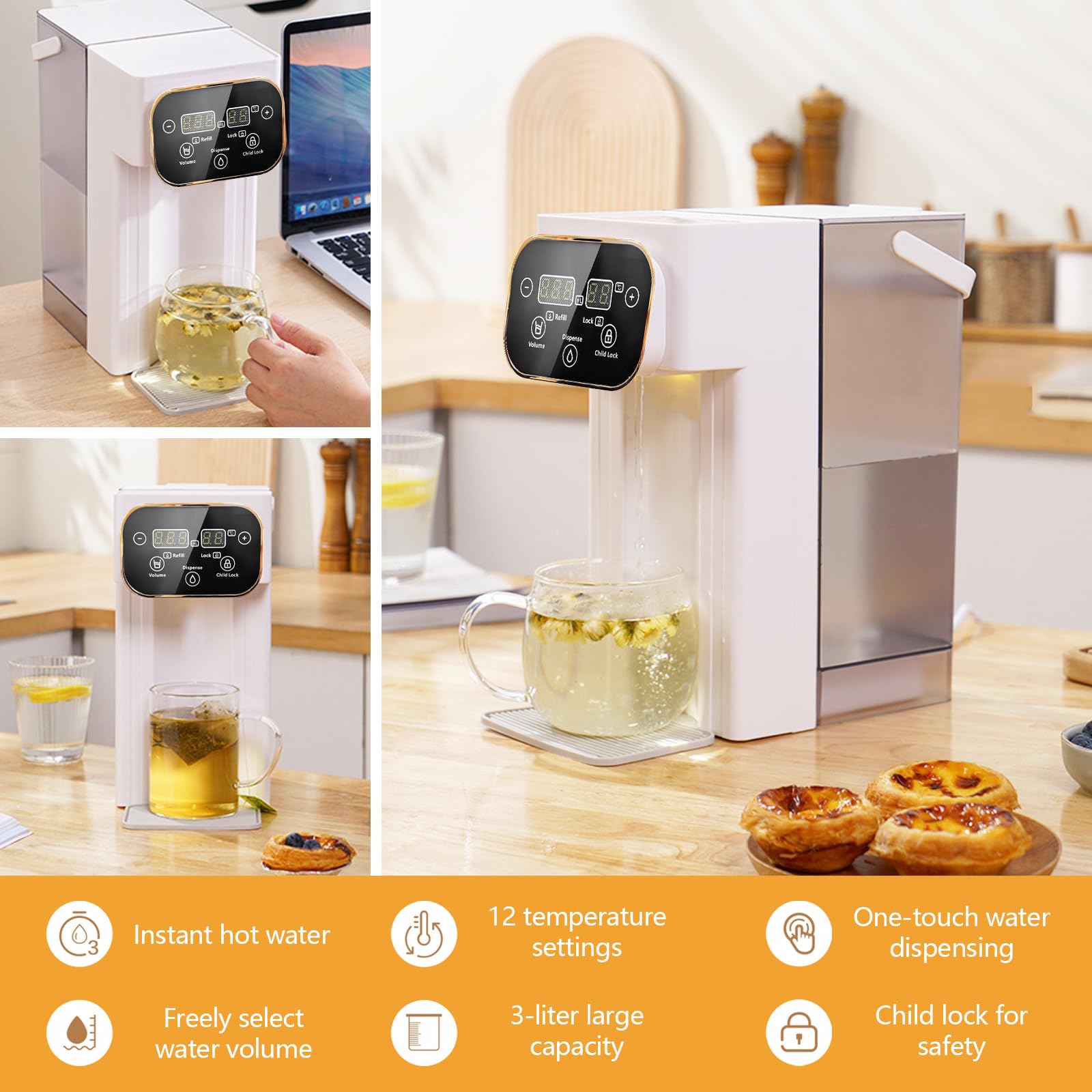 Distributeur d'Eau Chaude 3L Numérique Instantané écran Tactile LED 12 Réglages Température 8 Réglages Volume Filtre Charbon Actif