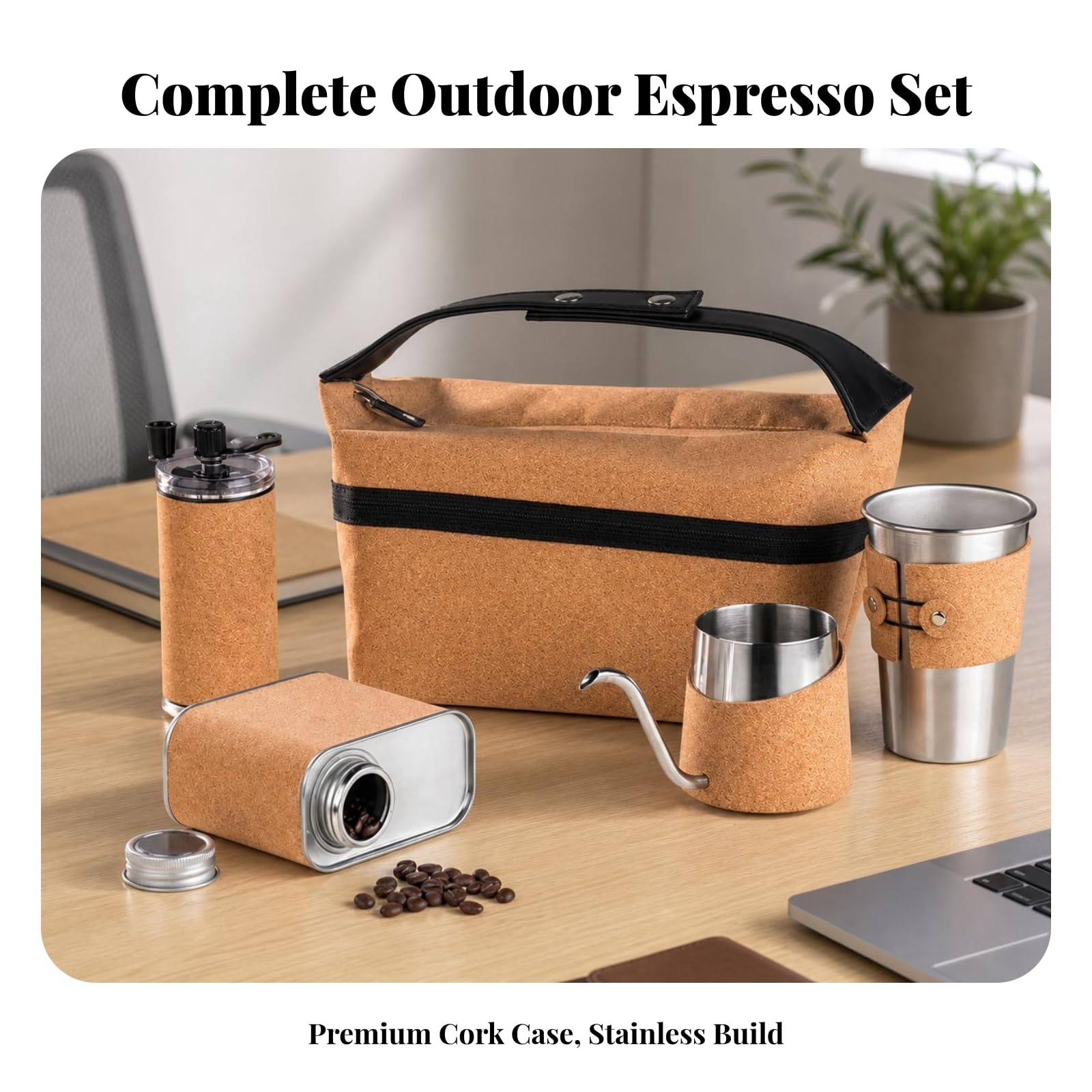Perfeclan Set Café con Estuche Corcho Compacta, Kit Café con Bolsa, Ligera, para Casa, Viajeros