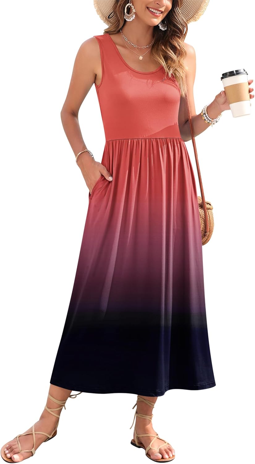 WNEEDU Women's Summer Maxi Dress 2025 Casual Sleeveless Hawaiian Sundress Tropical Long Dress Beach Vacation Outfit