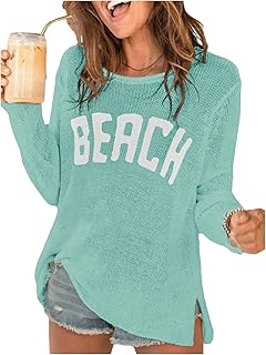 COZYEASE Women's Beach Cover Up Letter Print Long Sleeve Sweater Crew Neck Split Hem Crochet Jumper Top Price In India