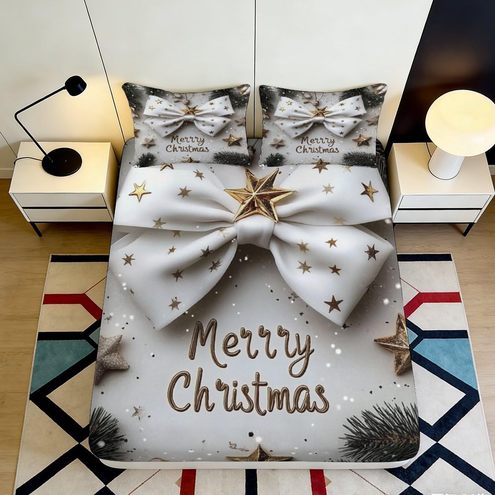 Pnayamiorkfel Style-10 3D Printed Christmas Bow Fitted Sheet Microfiber Soft White Gold Stars Bed Cover For Bedroom Guest Room Decor 90X200x25cm