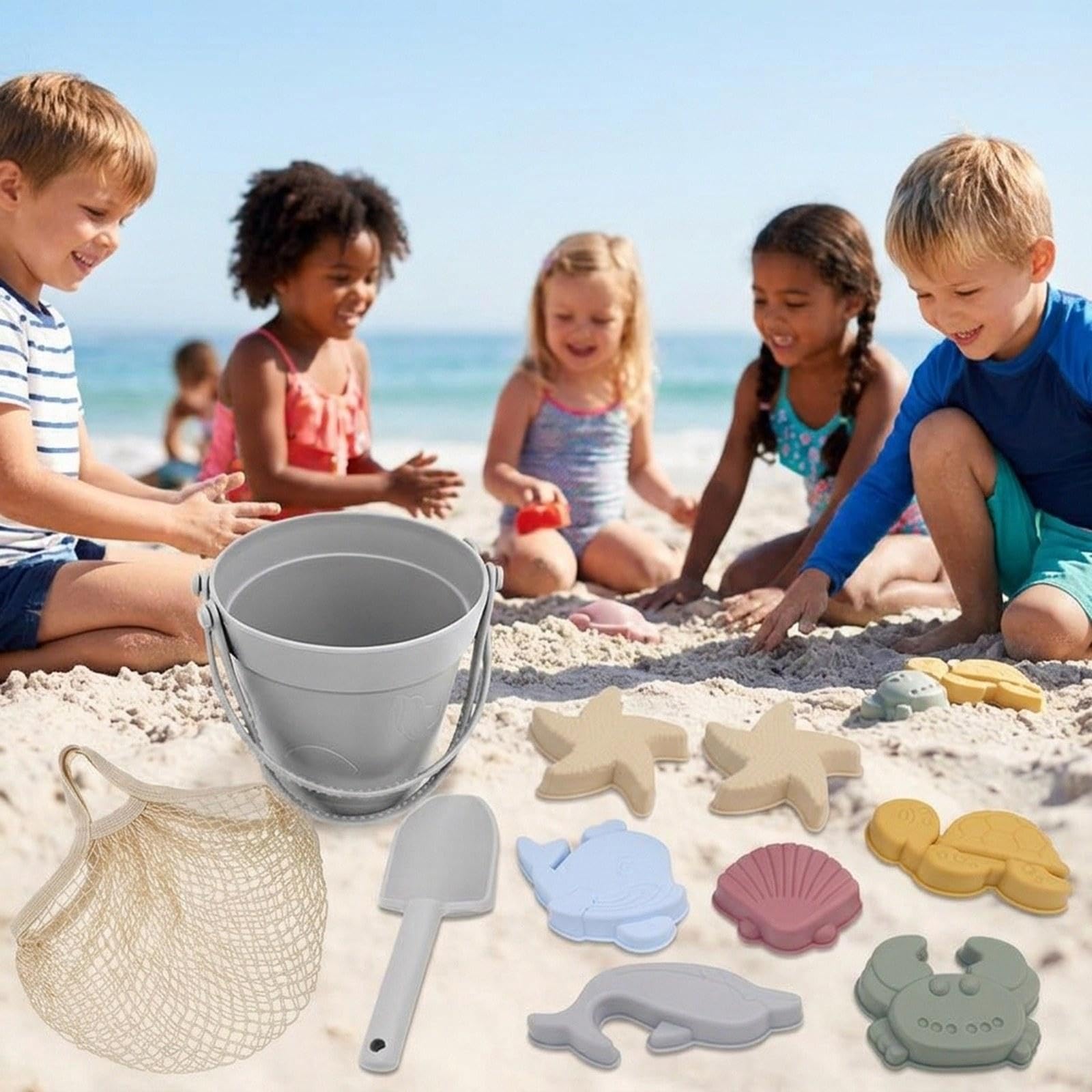 Kit de Juguetes de Playa para Niños con Cubo de Arena de Silicona, Pala, de Animales Y Bolsa de Malla. Ligero Y Ideal para a, Gris, tal como se describe