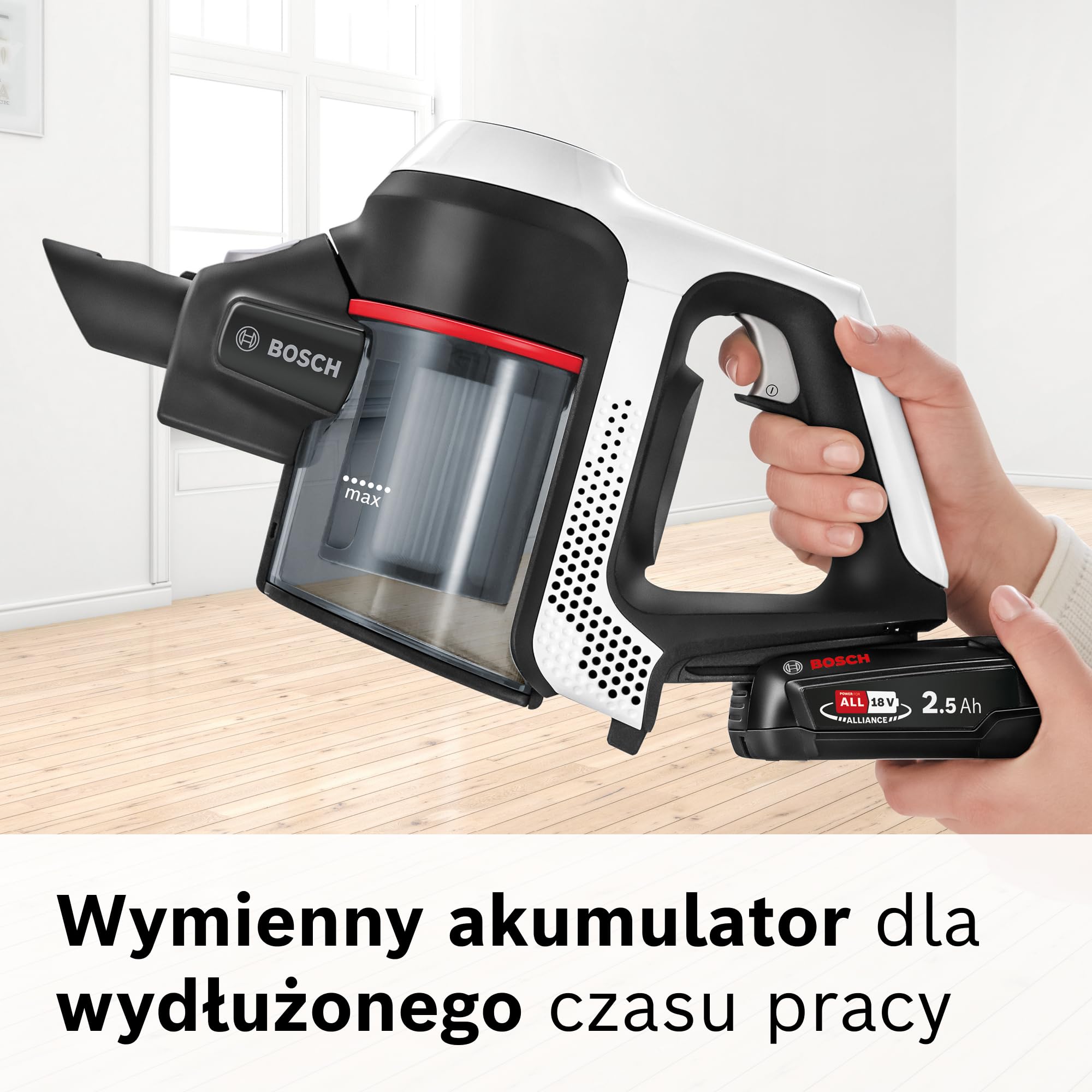 Bosch, Unlimited BCS611AM Series 6, odkurzacz bezprzewodowy, wysoka moc ssania, długi czas pracy, lekka konstrukcja, wydajny silnik, wyprodukowano w Niemczech, biały
