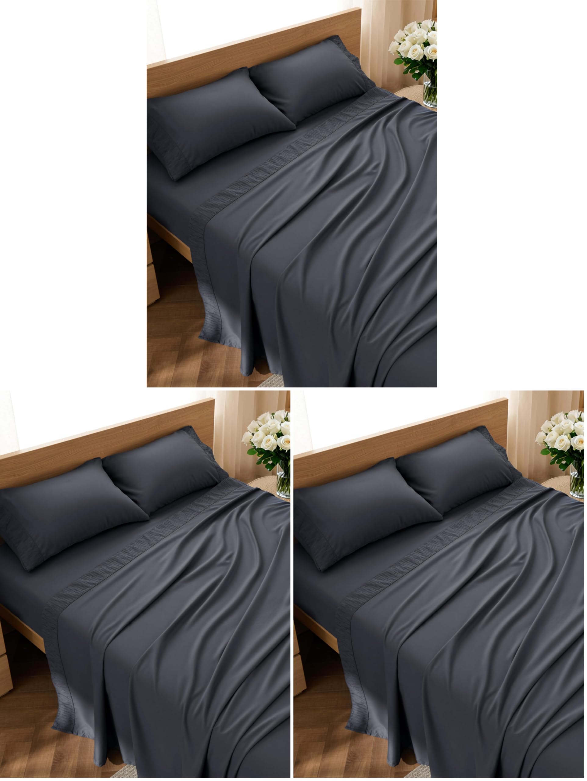 Bedsure Queen Sheet Set - 4 Pieces Soft Queen Size Sheets - Breathable &amp; Cooling - Hotel Luxury - Easy Care Polyester Microfiber Bedding for Women, Men, Dark Grey (Pack of 3)