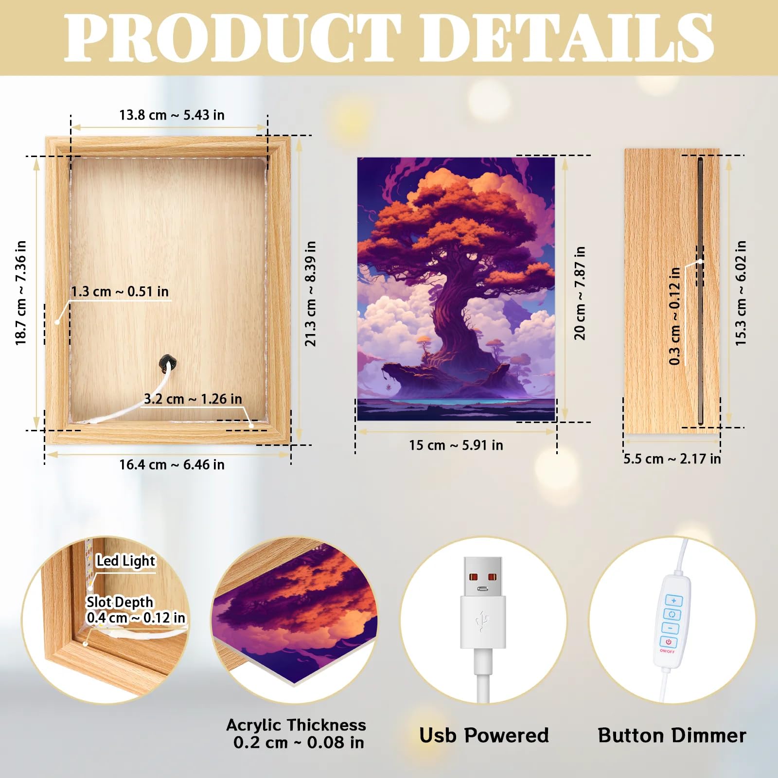 Light Up Painting, Tree of Life Wall Art Picture Light Colorful Tree Light Up Desktop Art Frame, 10 Brightness USB Powered 3 Lighting Modes, Anxiety Relief Gift for Bedroom Home-Without Acrylic Panel