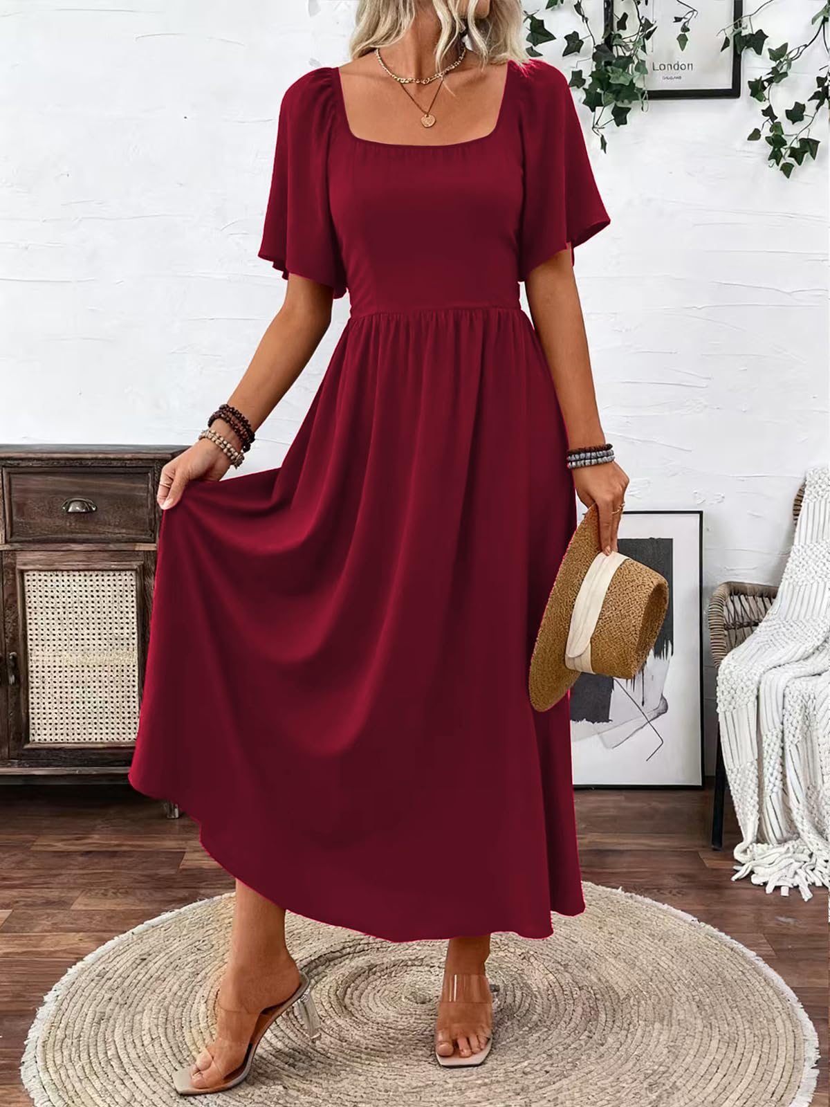 LIAMERHE Robe Longue Femme Été Élégante Col Carré Manches Volantes Chic Robes Maxi Ligne A Manches Courtes Taille Haute Fluide Style Bohème Robe de Plage Vintage Mariage Décontractée
