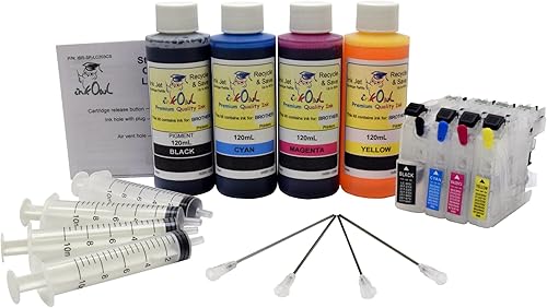InkOwl Cartucho de repuesto recargable para Brother MFC-J5920DW, MFC-J775DW, MFC-J985DW + chips de reinicio automático + tinta de 4 x 4.1 fl oz