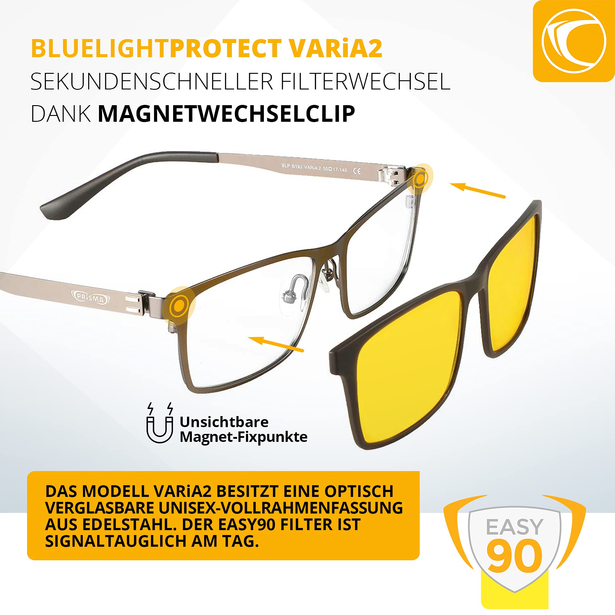 PRiSMA VARiA 2 - okulary z filtrem przednim magnetycznym światłem niebieskim EASY90 - do gier i TV - bluelightprotect - VA2702