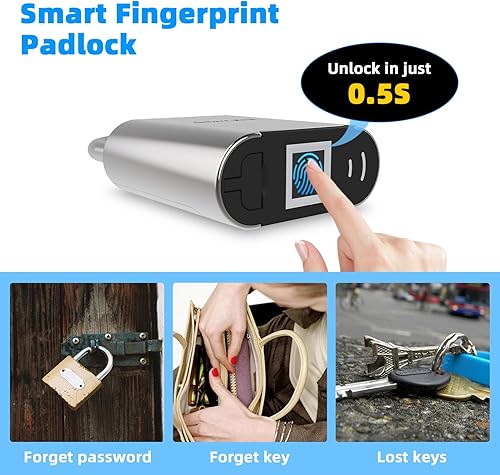 Miniatura 2 de Candado de huellas dactilares, candado biométrico, candado inteligente con llave de emergencia, bloqueo de casillero impermeable para gimnasio,