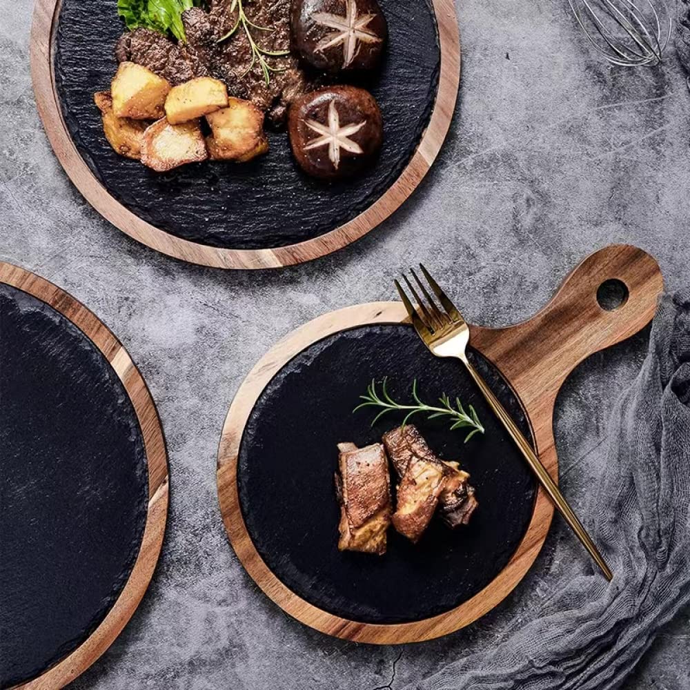 Platos para Servir de Pizarra y Madera, Plato de Madera, Bandeja para Servir, Elegante Natural para Pizza, Sushi, Filete, postres, Cena de Cocina