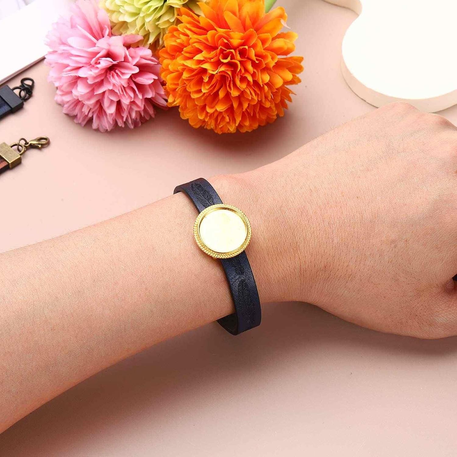 MECCANIXITY Bracelet Blanks for Jewelry Making 6pcs 18/25mm Blue/Bronze Color Adjustable Alloy Round Bezel Tray Base Settings with 18/25mm Clear Glass Multi - Image 4