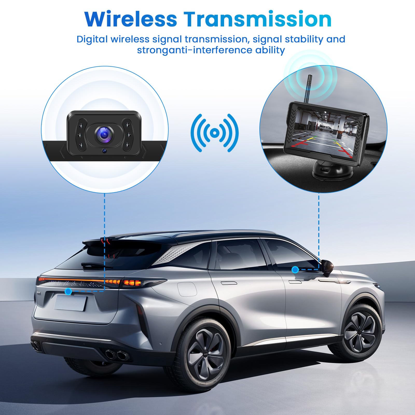 Kit Telecamera Retromarcia Wireless con monitor LCD da 5 Pollici Monitor con Schermo LCD AHD, Super Visione Notturna, Impermeabile IP69, Supporto 12V per Auto, Autobus, Camion, Rimorchi