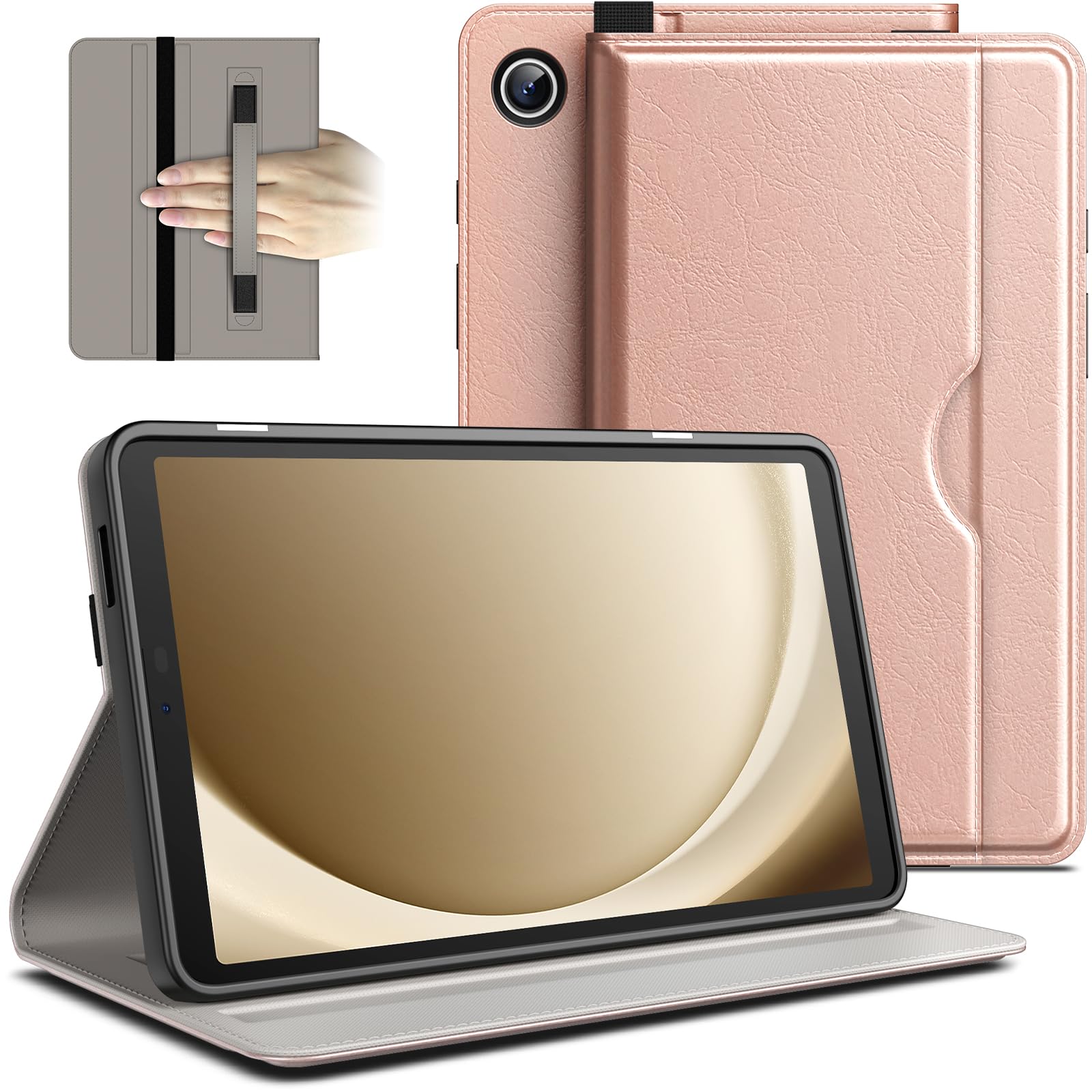 JETech Case for Samsung Galaxy Tab A9 8.7-Inch 2023, PU Leather Business Folio Stand Protective Tablet Cover with Pocket & Straps, Multi-Angle Viewing (Rose Gold)