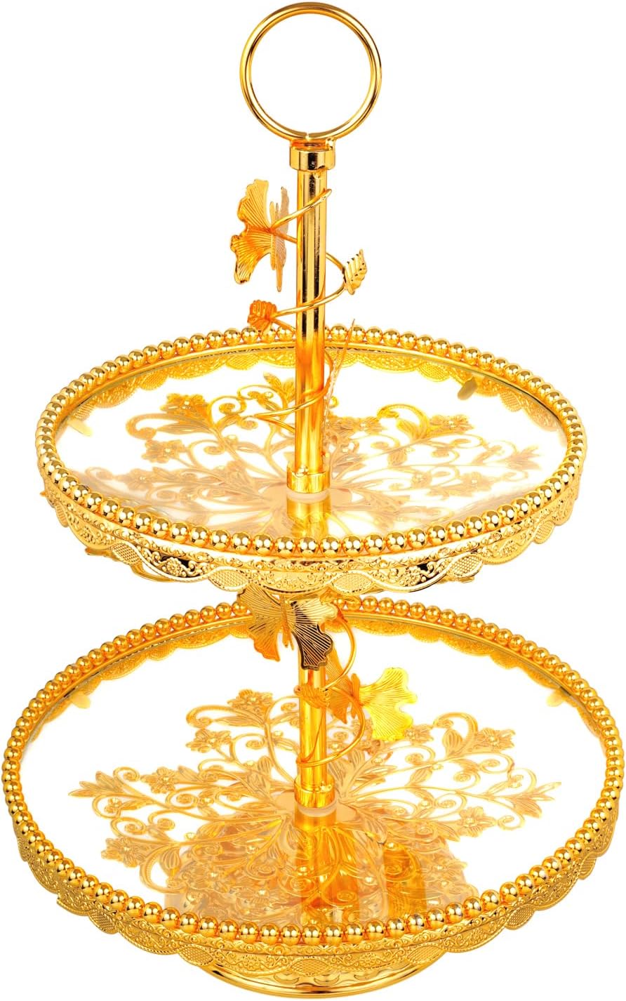 2 tier 18 Inches Round Glass Metal Cake Display Stand, Gold Fondant Cake Cupcake Dessert Fruit Stand Pedestal, Bakeware Wedding Birthday Baking Party Supplies Centerpiece - Gold