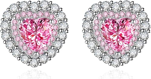 14K White Gold Heart Moissanite Stud Earrings, Iced Out Halo Pave Setting for Mo
