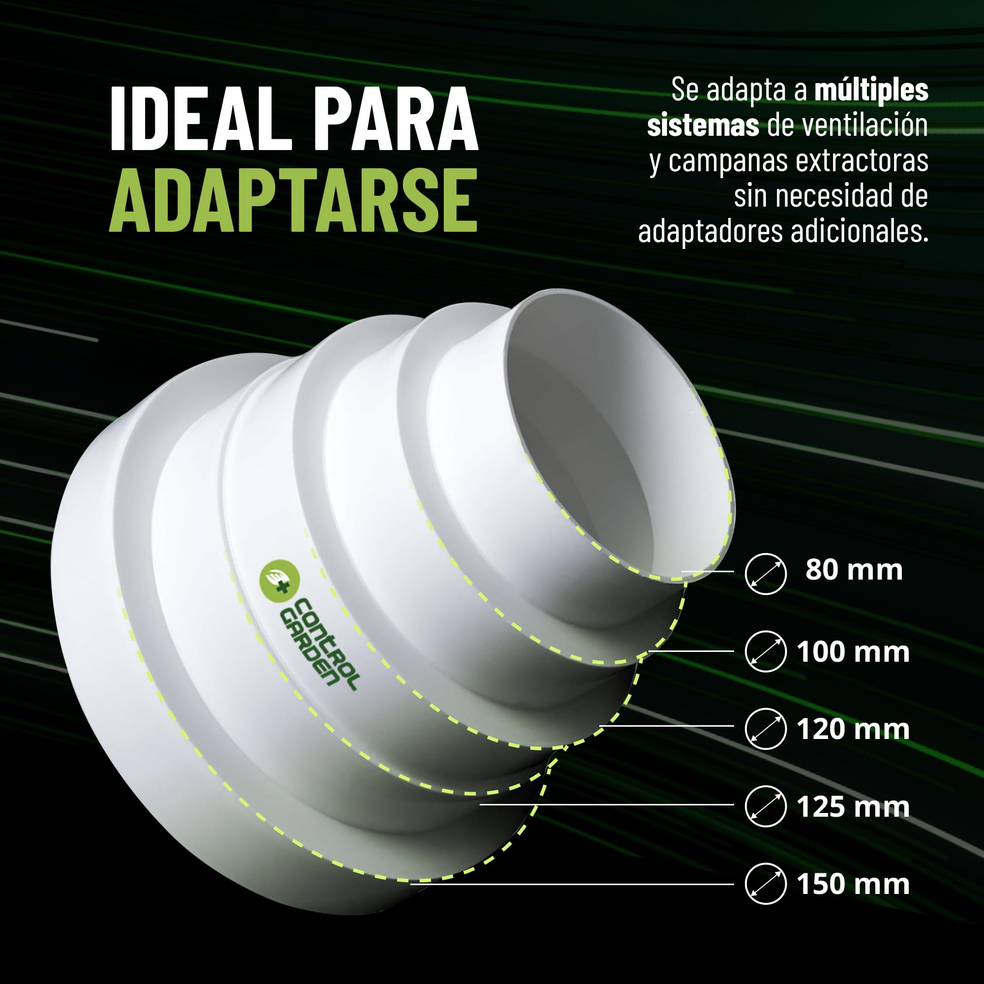 CONTROL GARDEN Pack x 2 Reductor Universal para Sistemas Ventilación Blanco - Acople Conector para Conductos Ventilación Diámetro Ø 80 100 120 125 150 mm - Reductor Tubo