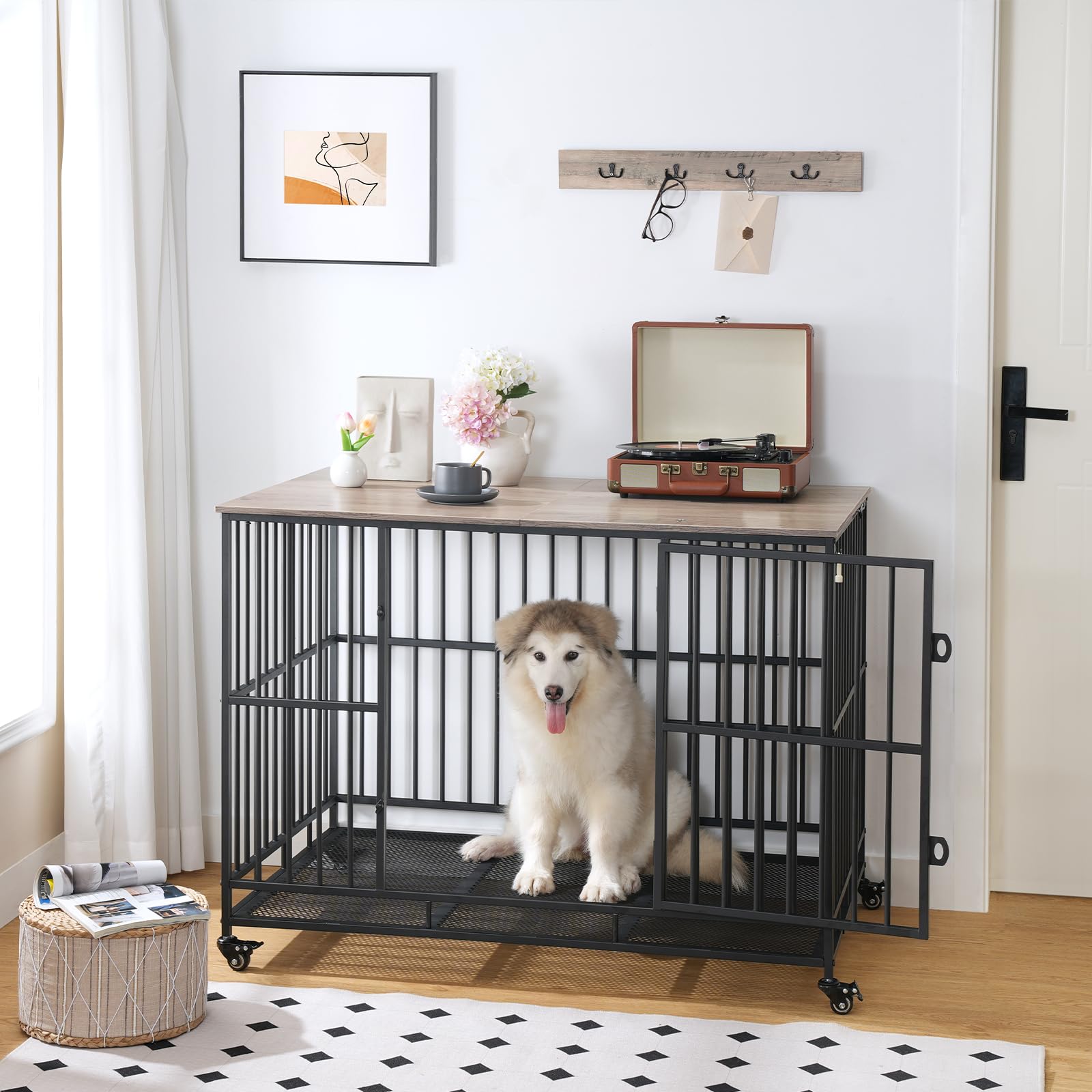 Heavy Duty Dog Crate with Wheels, 43.3" Large Dog Kennel Indoor End Side Table Furniture with Flip-Top, Wooden Indestructible Cage Kennel, for Small/Medium/Large Dog, Greige and Black BG110GW03