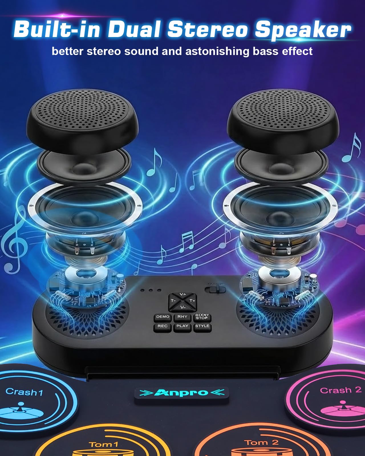 Anpro Elektronisches Schlagzeug-Set, 9 Trommelpads mit Dual-Stereo-Lautsprechern, Rollbares Drumkit mit Pedalen & Sticks, Kopfhörer/Bluetooth/MIDI Unterstützung, Geschenk für Kinder & Anfänger