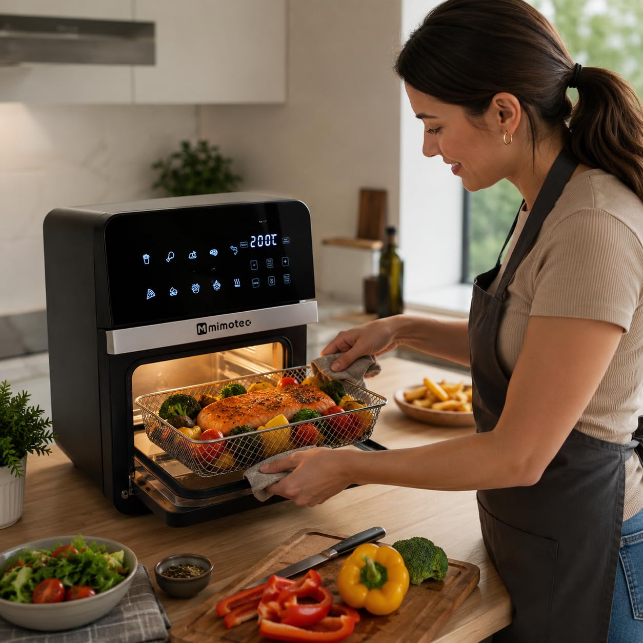 M mimotec – Air Fryer Vera Touch 10L, Freidora de Aire sin Aceite, 1800W, 10 Menús Digitales, Pantalla Táctil, Función Grill, Temporizador regulable, 2 niveles, Temperatura 80-200°C, Cocina Saludable