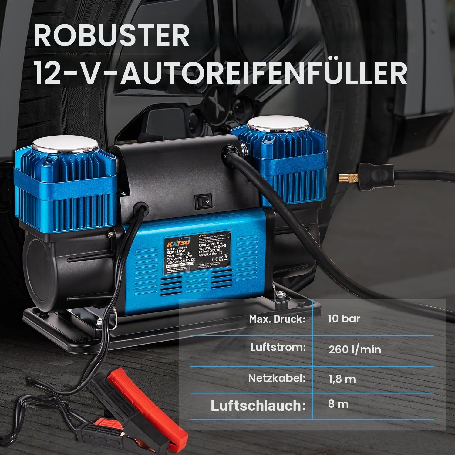 KATSU Tools Professionelle Auto Luftkompressor 2 Zylinder 150PSI 12V 90 Amp Großes Volumen Tragbarer Luftkompressor Reifenpumpe für 4WD Auto Van Trucks Fahrrad