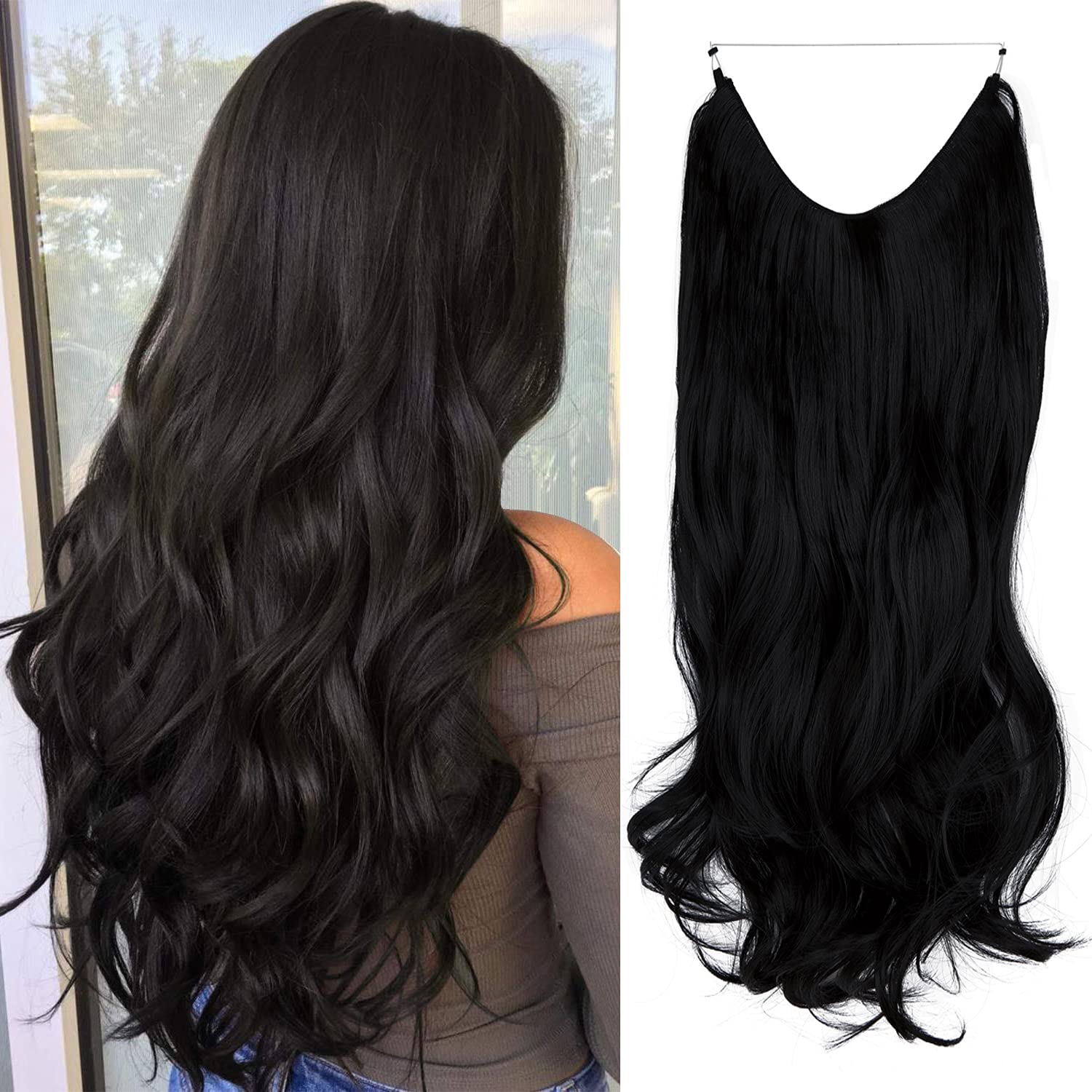 Invisible Hair Extensions Adjustable Invisible Wire Hair Piece Curly Wavy Long Synthetic Hairpieces for Women One Piece Natural Heat Temperature Fiber (18 Inch, Dark Black)