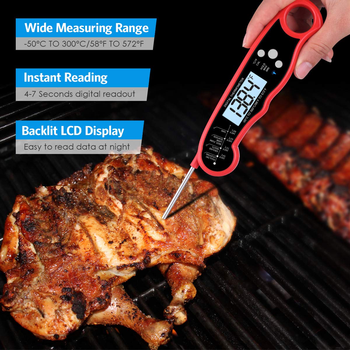 (2021 New) AMIR Digital Meat Thermometer, Instant Read Cooking Thermometer Food Thermometer with Probe for Kitchen, Cooking, BBQ, Poultry, Grill Food, Fast & Auto On/Off Battery Included (Red)